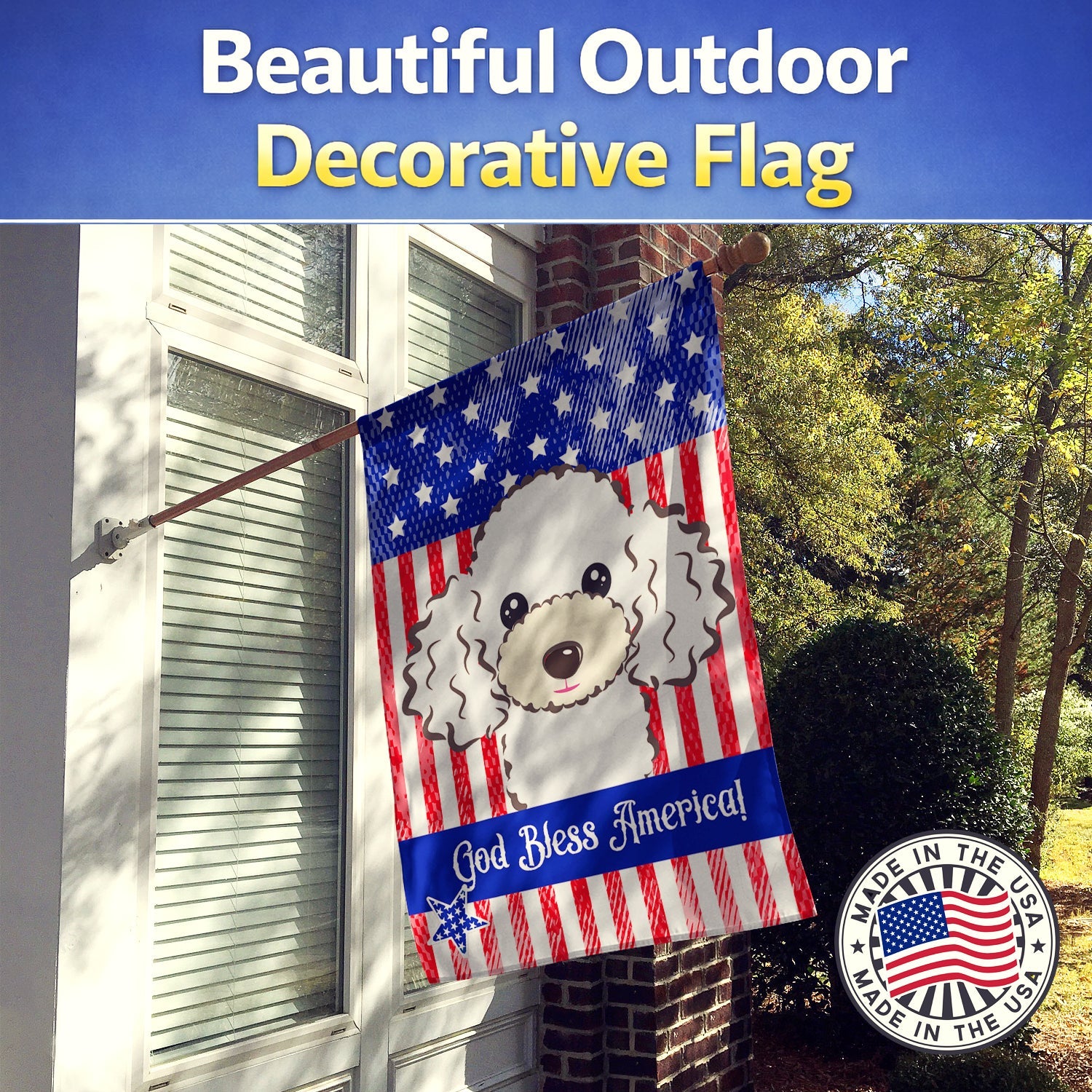 American Flag and White Poodle House Flag 28x40 Porch Sleeve Pole Decorative Outside Yard Banner Artwork Wall Hanging, Polyester