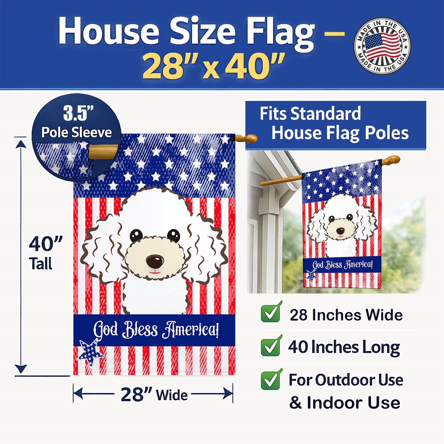 American Flag and White Poodle House Flag 28x40 Porch Sleeve Pole Decorative Outside Yard Banner Artwork Wall Hanging, Polyester