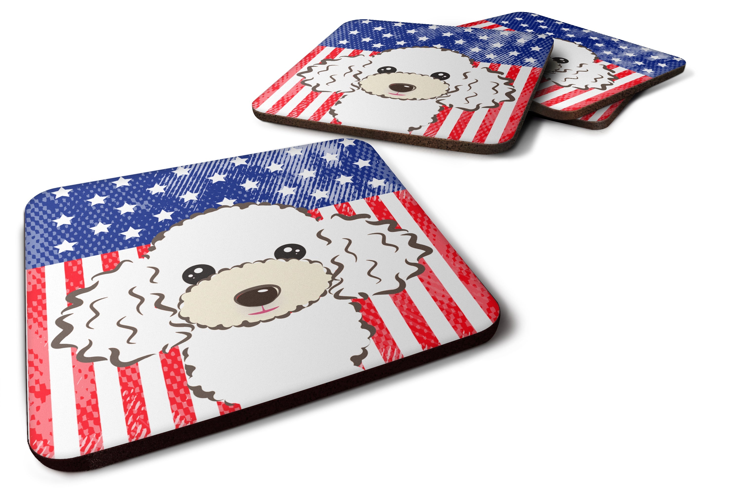 American Flag and White Poodle Foam Coasters Set of 4 Cup Coasters for Indoor Outdoor, Tabletop Protection, Anti Slip, Mouse pad Material