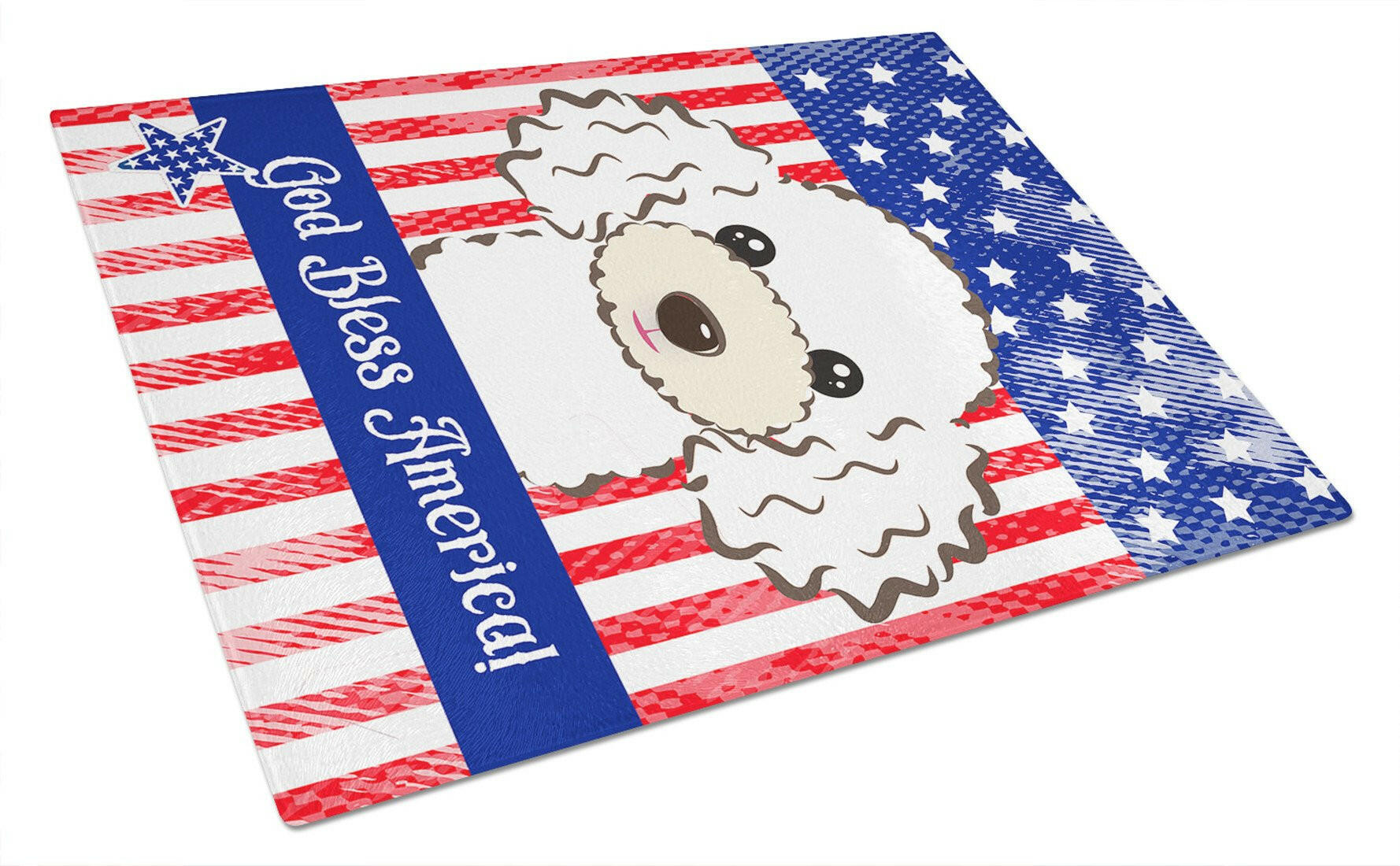 American Flag and White Poodle Cutting Board Tempered Glass Kitchen Cutting Surface, Heat Resistant Chopping, Non-Slip Feet, Food Prep & Serving