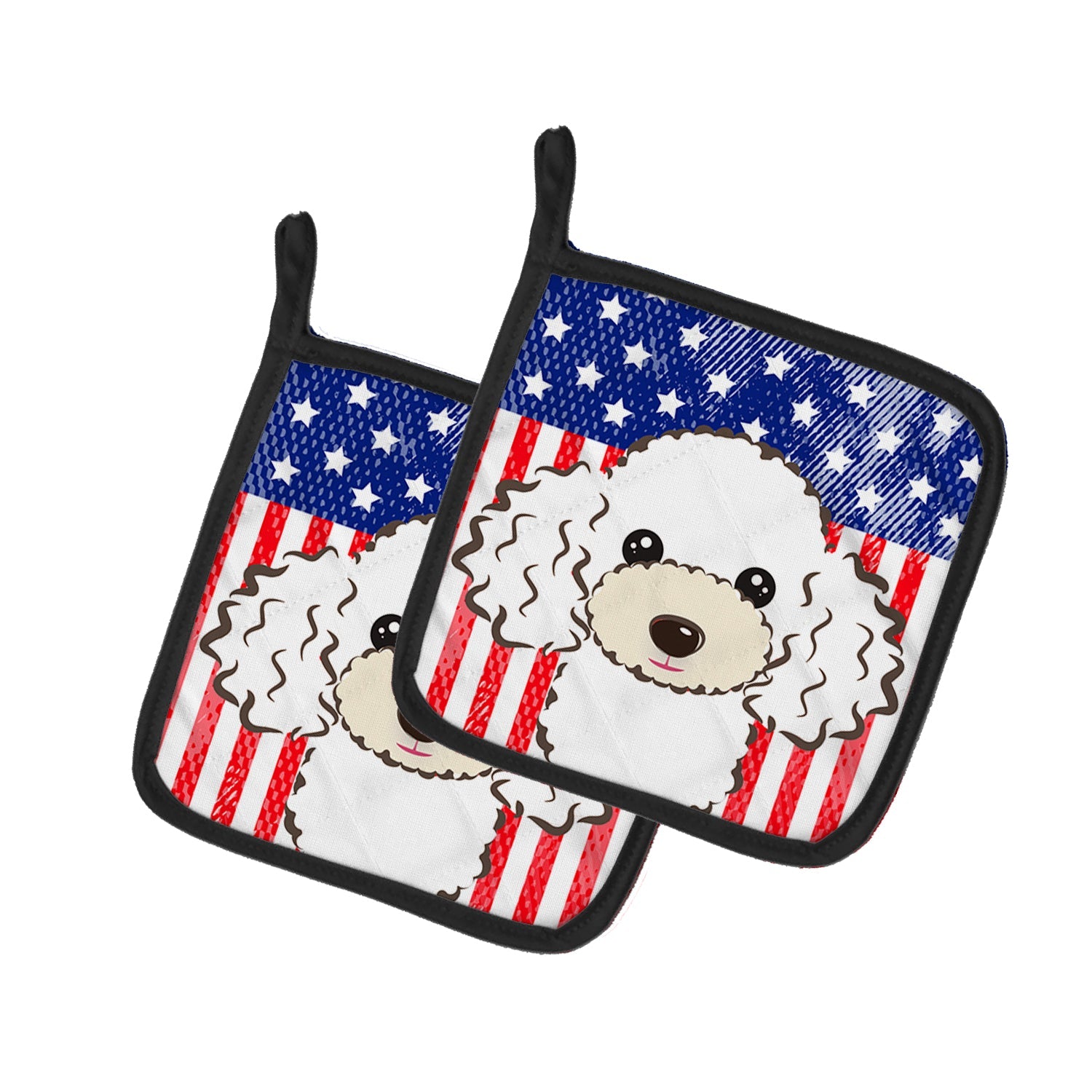 American Flag and White Poodle Pot Holder Set of 2 Heat Resistant Quilted Hot Pads 7.5 x 7.5 Inch, Insulated Kitchen Trivets for Cooking & Baking