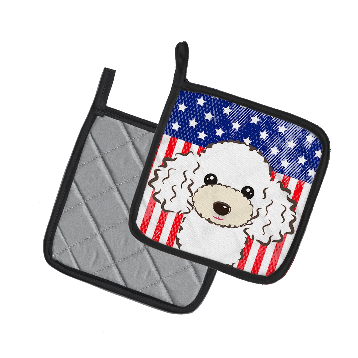 American Flag and White Poodle Pot Holder Set of 2 Heat Resistant Quilted Hot Pads 7.5 x 7.5 Inch, Insulated Kitchen Trivets for Cooking & Baking