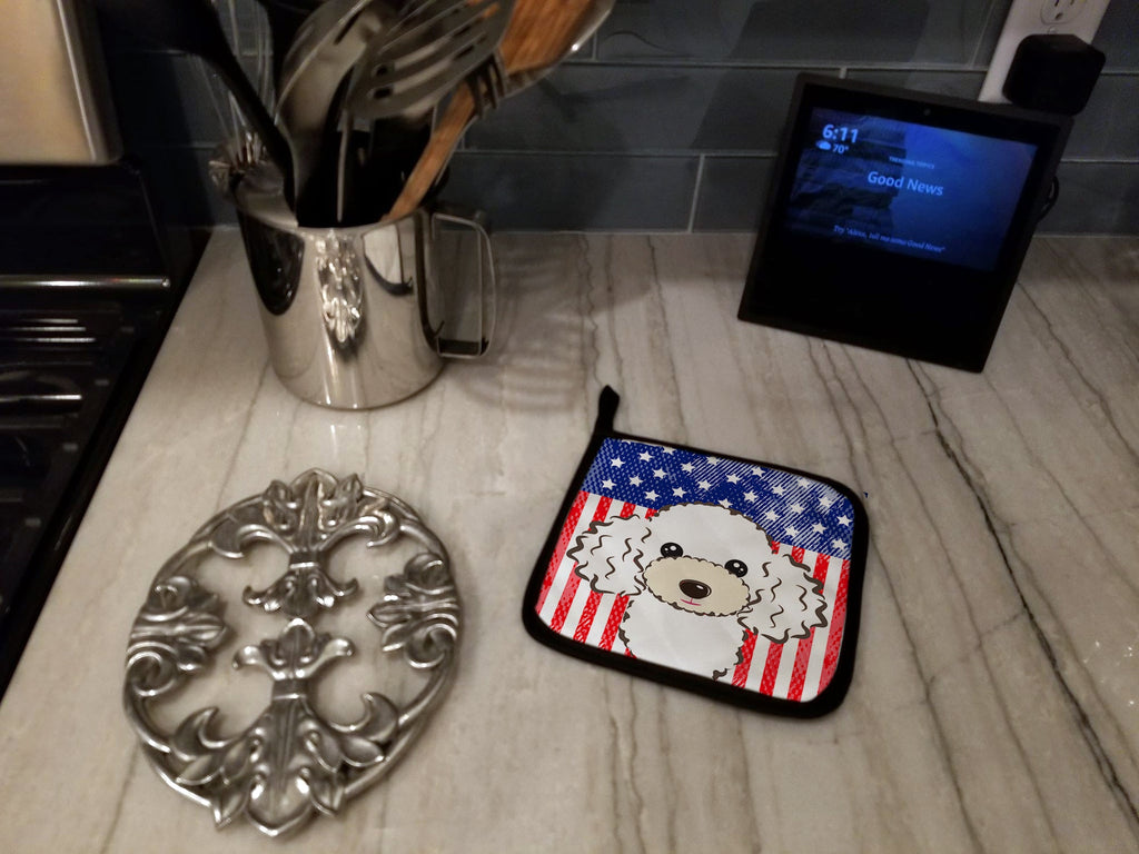 American Flag and White Poodle Pot Holder Set of 2 Heat Resistant Quilted Hot Pads 7.5 x 7.5 Inch, Insulated Kitchen Trivets for Cooking & Baking