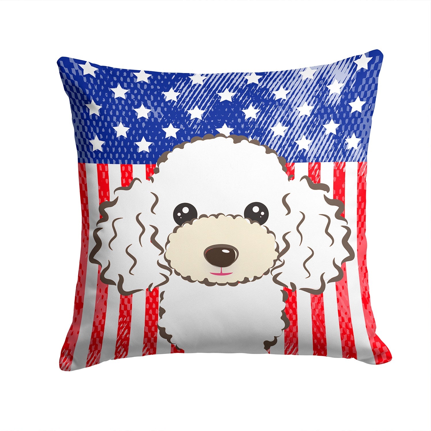 American Flag and White Poodle Decorative Throw Pillow 14x14 Indoor Outdoor Accent Cushion, Fabric Cover with Insert for Sofa, Bed, Porch & Living Room