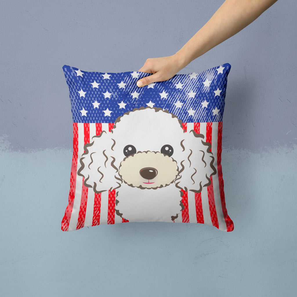 American Flag and White Poodle Decorative Throw Pillow 14x14 Indoor Outdoor Accent Cushion, Fabric Cover with Insert for Sofa, Bed, Porch & Living Room