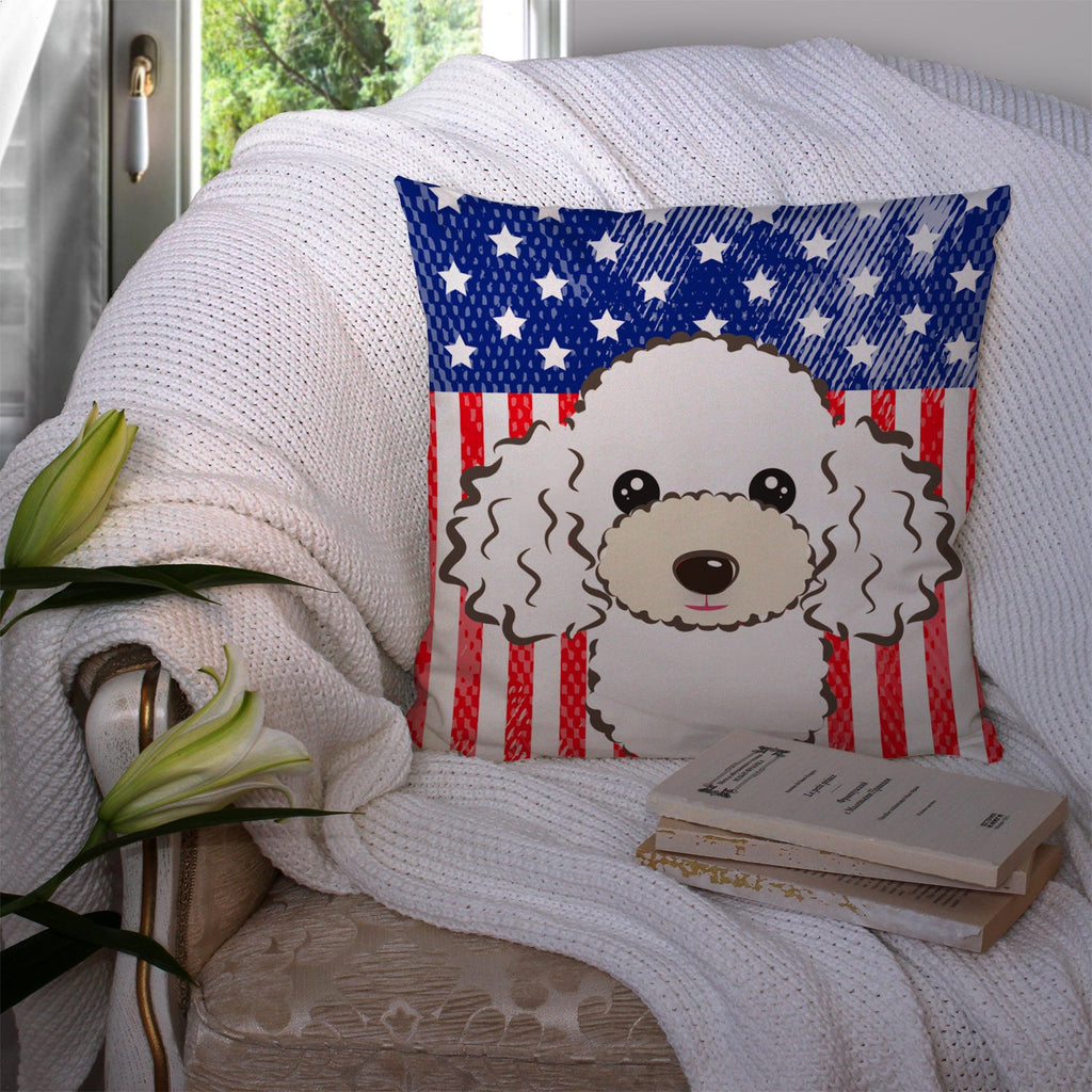 American Flag and White Poodle Decorative Throw Pillow 14x14 Indoor Outdoor Accent Cushion, Fabric Cover with Insert for Sofa, Bed, Porch & Living Room