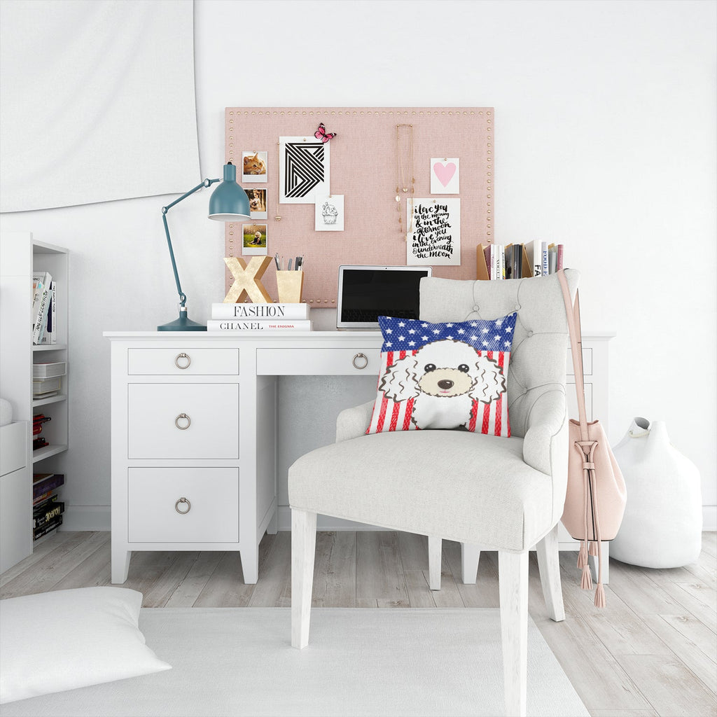 American Flag and White Poodle Decorative Throw Pillow 14x14 Indoor Outdoor Accent Cushion, Fabric Cover with Insert for Sofa, Bed, Porch & Living Room