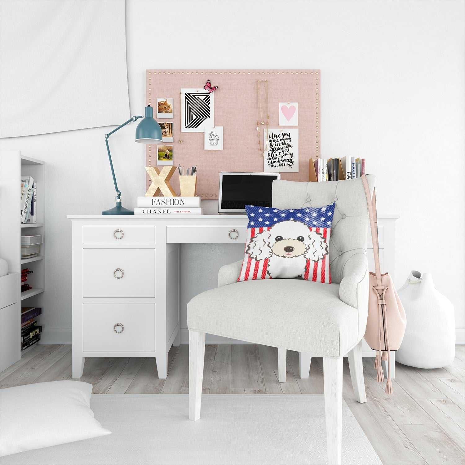 American Flag and White Poodle Decorative Throw Pillow 14x14 Indoor Outdoor Accent Cushion, Fabric Cover with Insert for Sofa, Bed, Porch & Living Room
