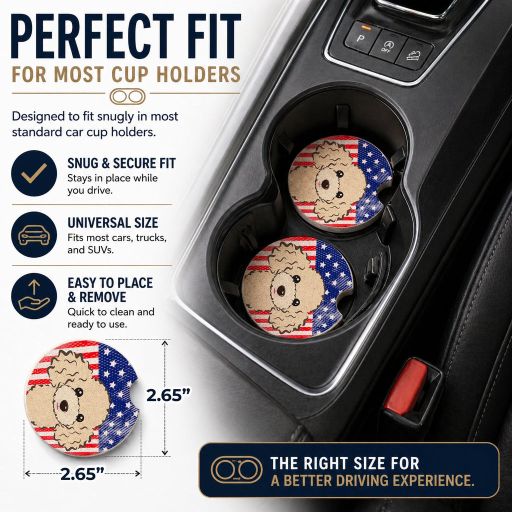 American Flag and Buff Poodle Set of 2 Cup Holder Car Coasters Absorbent Round Sandstone Coasters Gifts for Men or Women, 2.5, Multicolor