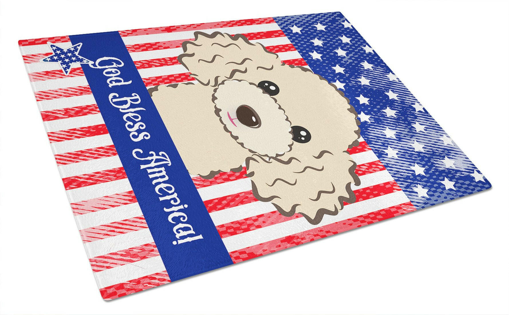 American Flag and Buff Poodle Cutting Board Tempered Glass Kitchen Cutting Surface, Heat Resistant Chopping, Non-Slip Feet, Food Prep & Serving