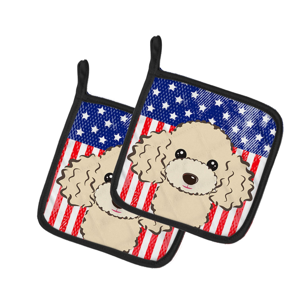 American Flag and Buff Poodle Pot Holder Set of 2 Heat Resistant Quilted Hot Pads 7.5 x 7.5 Inch, Insulated Kitchen Trivets for Cooking & Baking