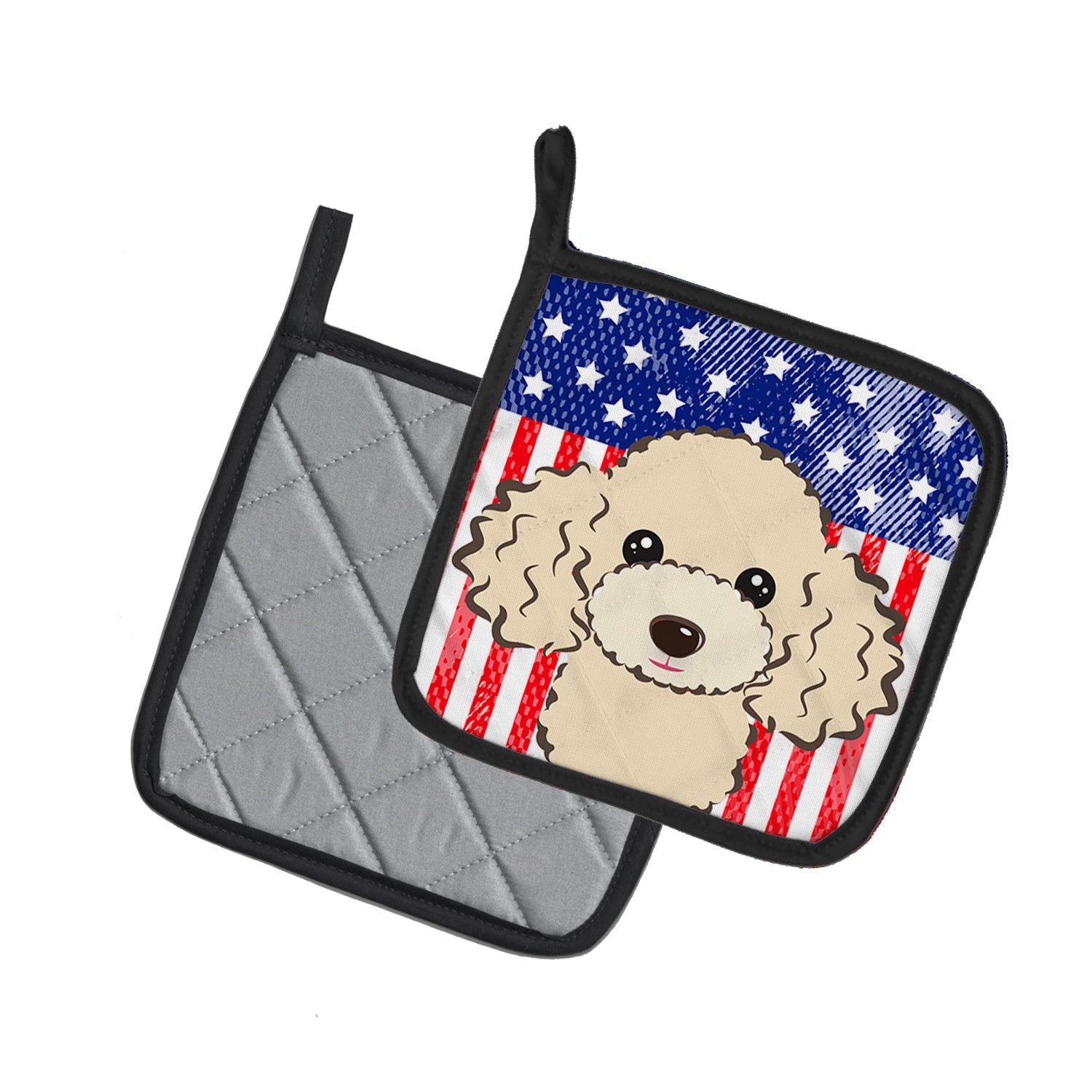 American Flag and Buff Poodle Pot Holder Set of 2 Heat Resistant Quilted Hot Pads 7.5 x 7.5 Inch, Insulated Kitchen Trivets for Cooking & Baking