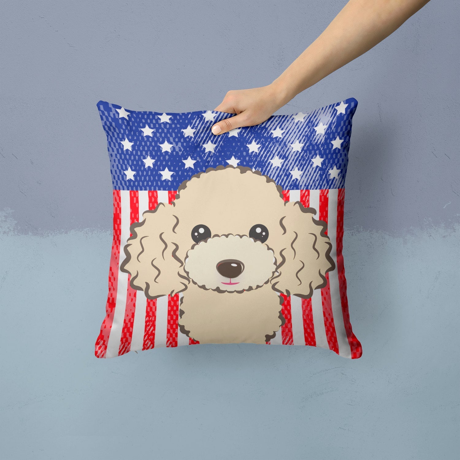 American Flag and Buff Poodle Decorative Throw Pillow 14x14 Indoor Outdoor Accent Cushion, Fabric Cover with Insert for Sofa, Bed, Porch & Living Room