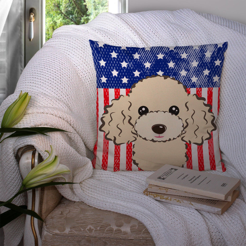 American Flag and Buff Poodle Decorative Throw Pillow 14x14 Indoor Outdoor Accent Cushion, Fabric Cover with Insert for Sofa, Bed, Porch & Living Room