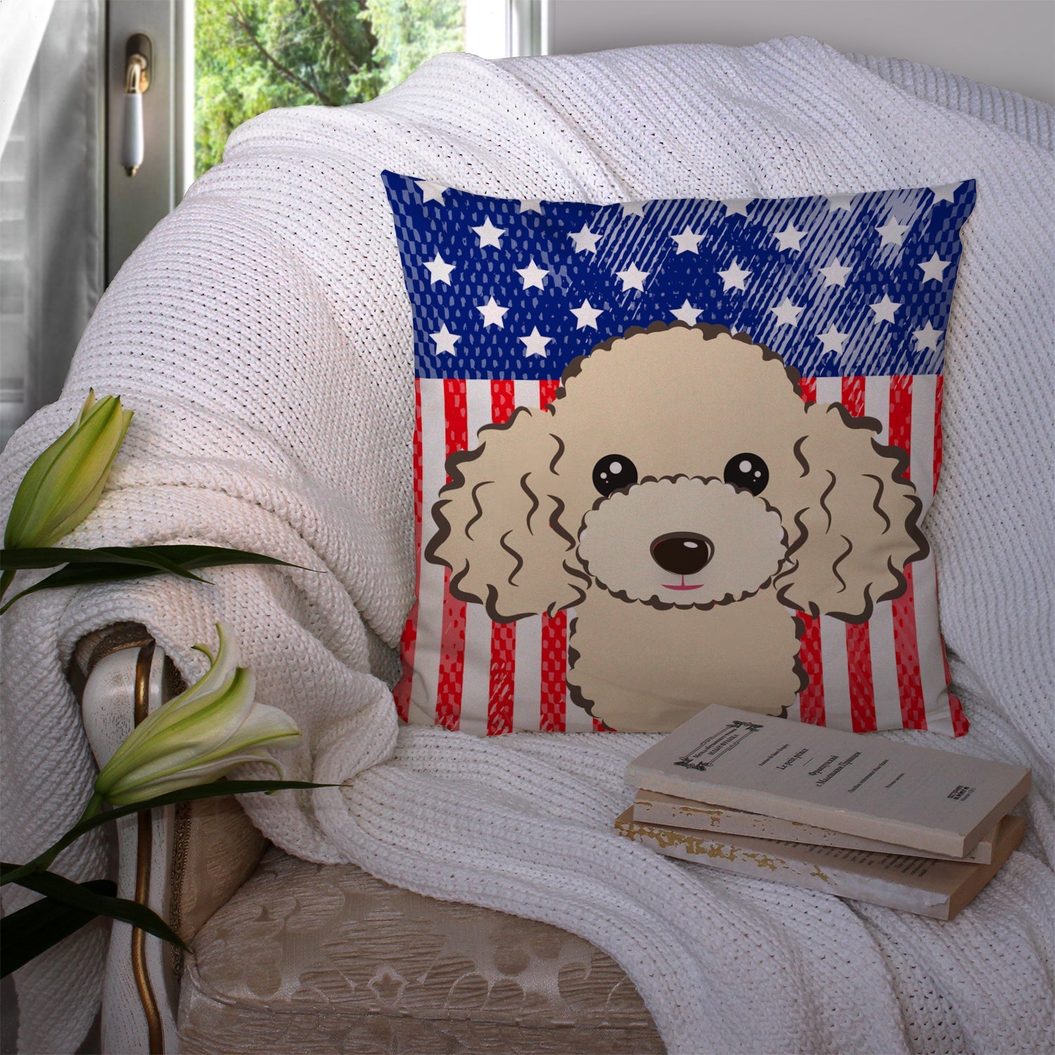 American Flag and Buff Poodle Decorative Throw Pillow 14x14 Indoor Outdoor Accent Cushion, Fabric Cover with Insert for Sofa, Bed, Porch & Living Room