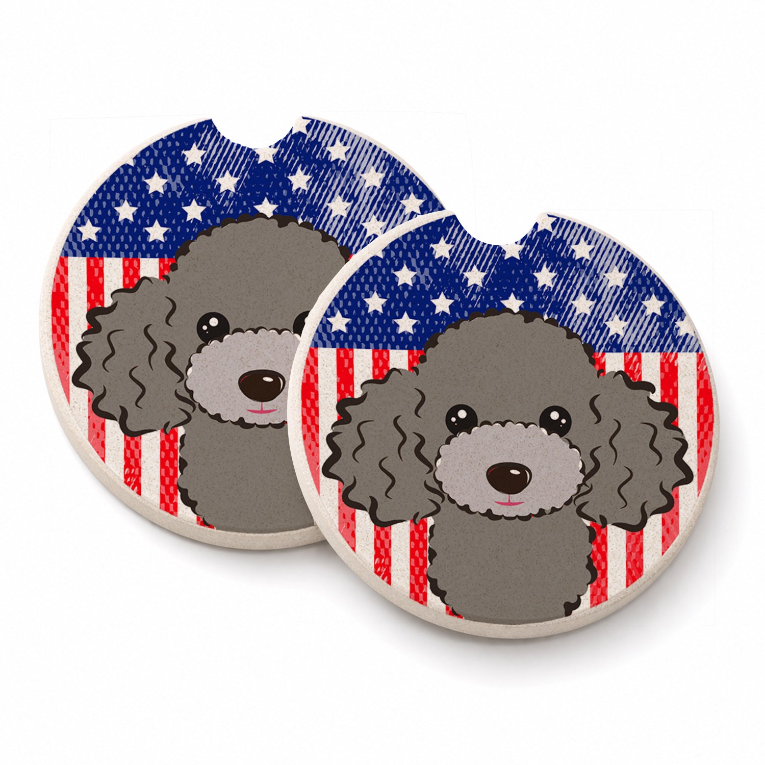 American Flag and Silver Gray Poodle Set of 2 Cup Holder Car Coasters Absorbent Round Sandstone Coasters Gifts for Men or Women, 2.5, Multicolor
