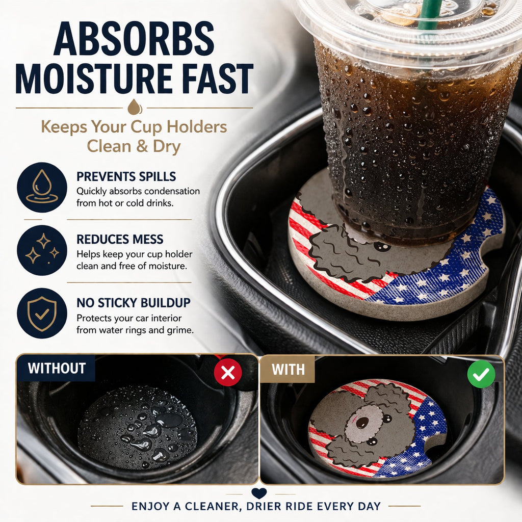 American Flag and Silver Gray Poodle Set of 2 Cup Holder Car Coasters Absorbent Round Sandstone Coasters Gifts for Men or Women, 2.5, Multicolor