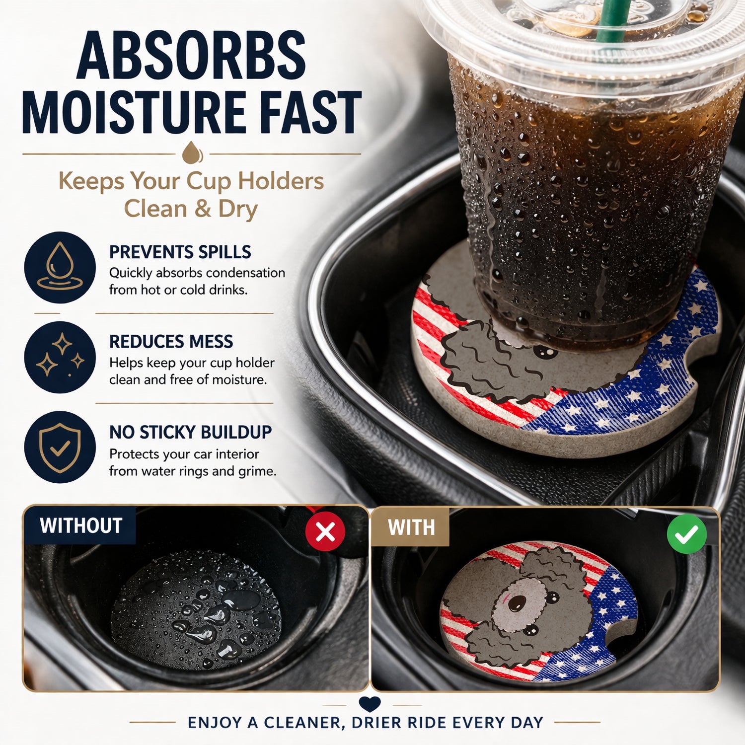 American Flag and Silver Gray Poodle Set of 2 Cup Holder Car Coasters Absorbent Round Sandstone Coasters Gifts for Men or Women, 2.5, Multicolor
