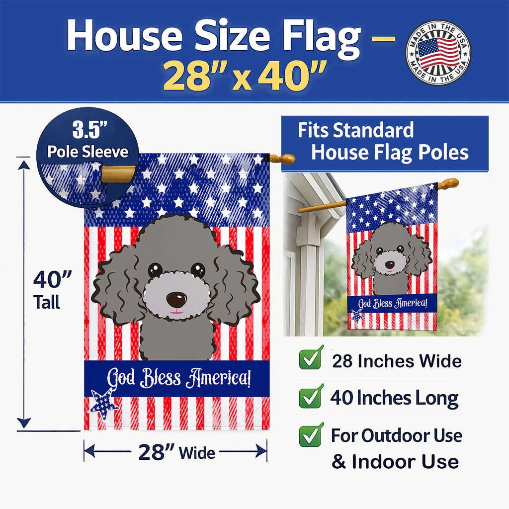 American Flag and Silver Gray Poodle House Flag 28x40 Porch Sleeve Pole Decorative Outside Yard Banner Artwork Wall Hanging, Polyester