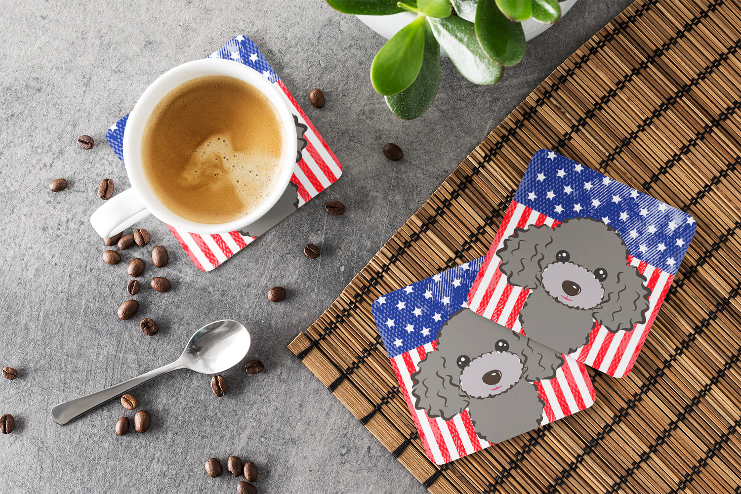 American Flag and Silver Gray Poodle Foam Coasters Set of 4 Cup Coasters for Indoor Outdoor, Tabletop Protection, Anti Slip, Mouse pad Material