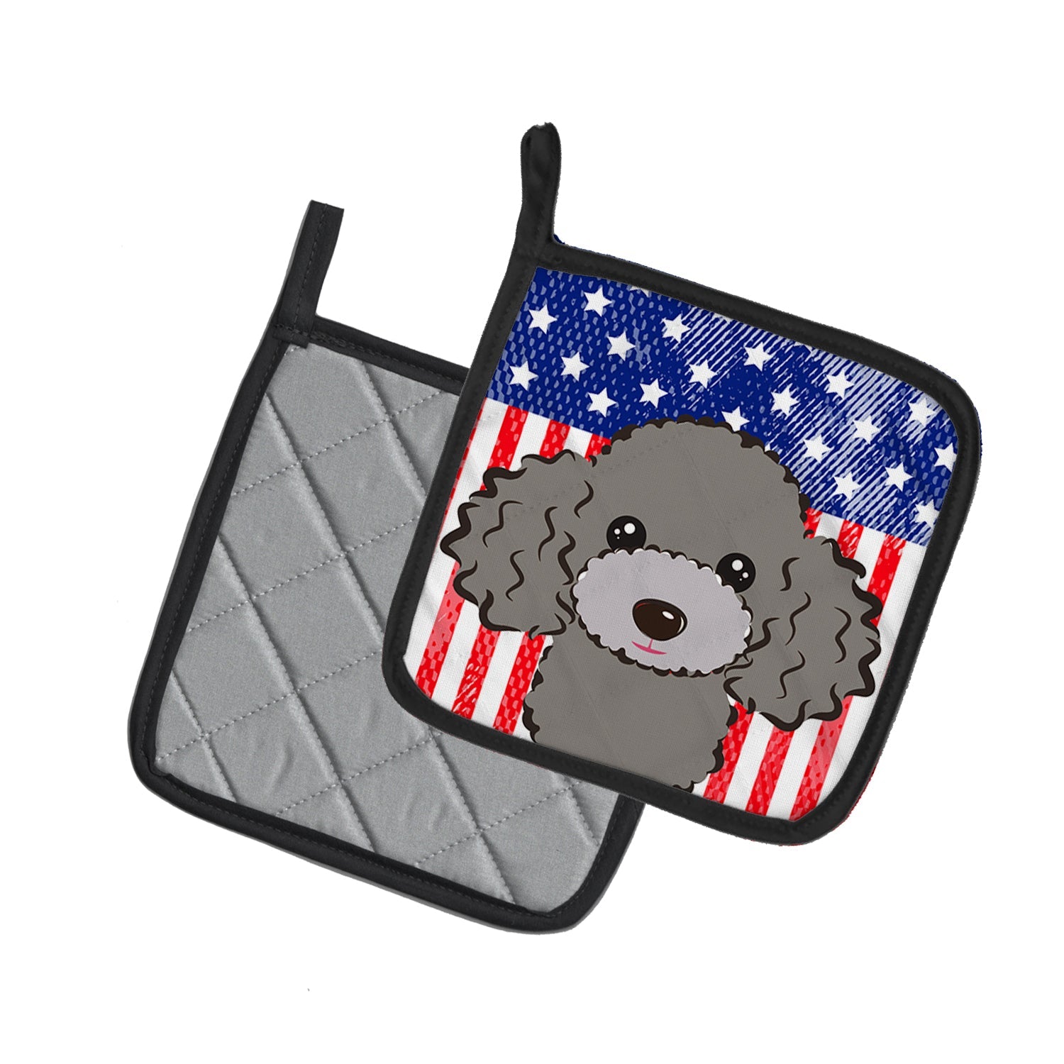 American Flag and Silver Gray Poodle Pot Holder Set of 2 Heat Resistant Quilted Hot Pads 7.5 x 7.5 Inch, Insulated Kitchen Trivets for Cooking & Baking