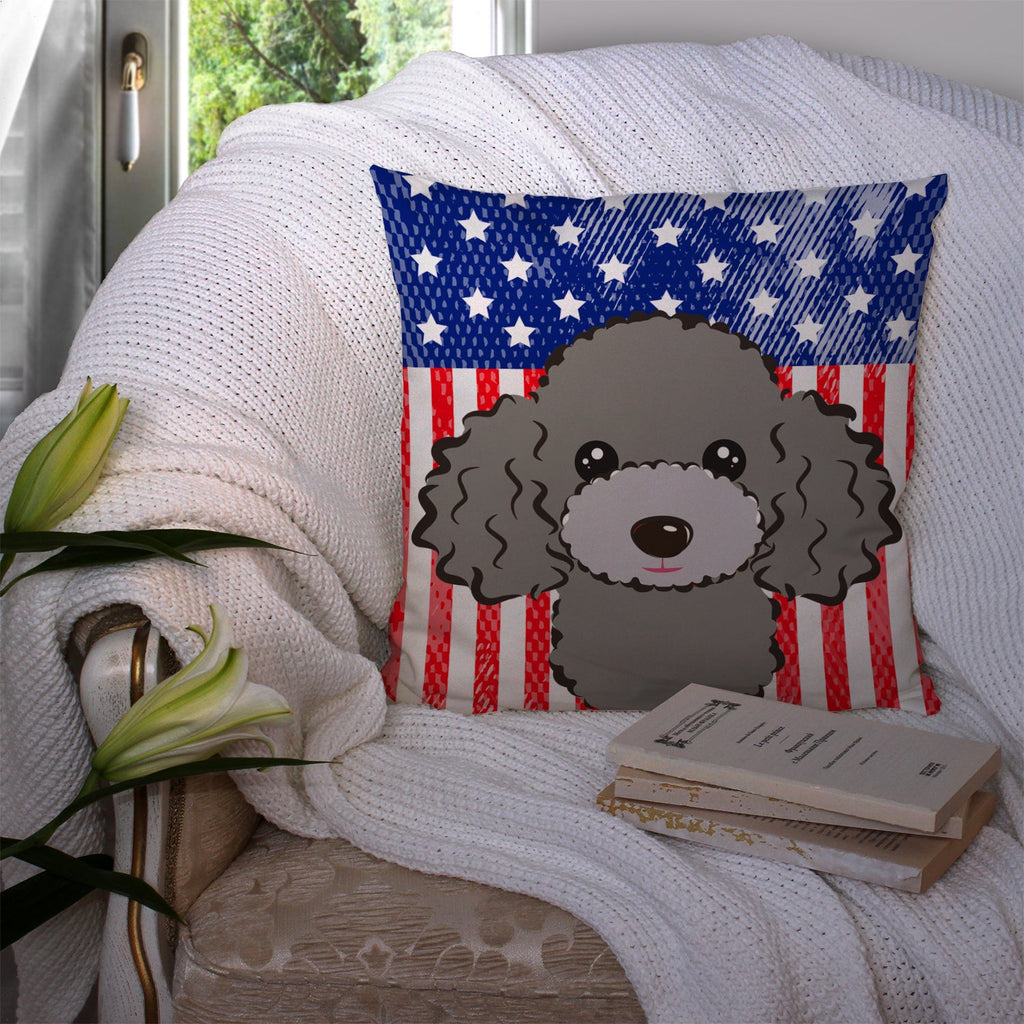 American Flag and Silver Gray Poodle Decorative Throw Pillow 14x14 Indoor Outdoor Accent Cushion, Fabric Cover with Insert for Sofa, Bed, Porch & Living Room