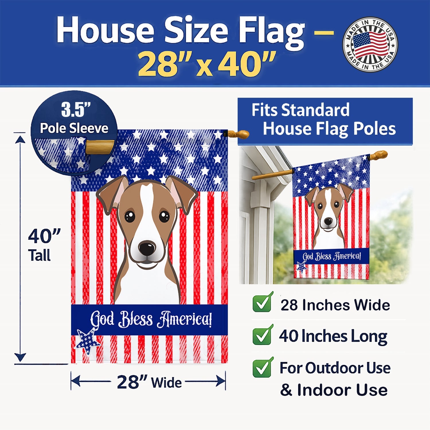 American Flag and Jack Russell Terrier House Flag 28x40 Porch Sleeve Pole Decorative Outside Yard Banner Artwork Wall Hanging, Polyester