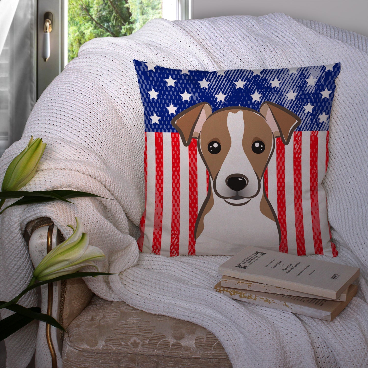 American Flag and Jack Russell Terrier Decorative Throw Pillow 14x14 Indoor Outdoor Accent Cushion, Fabric Cover with Insert for Sofa, Bed, Porch & Living Room
