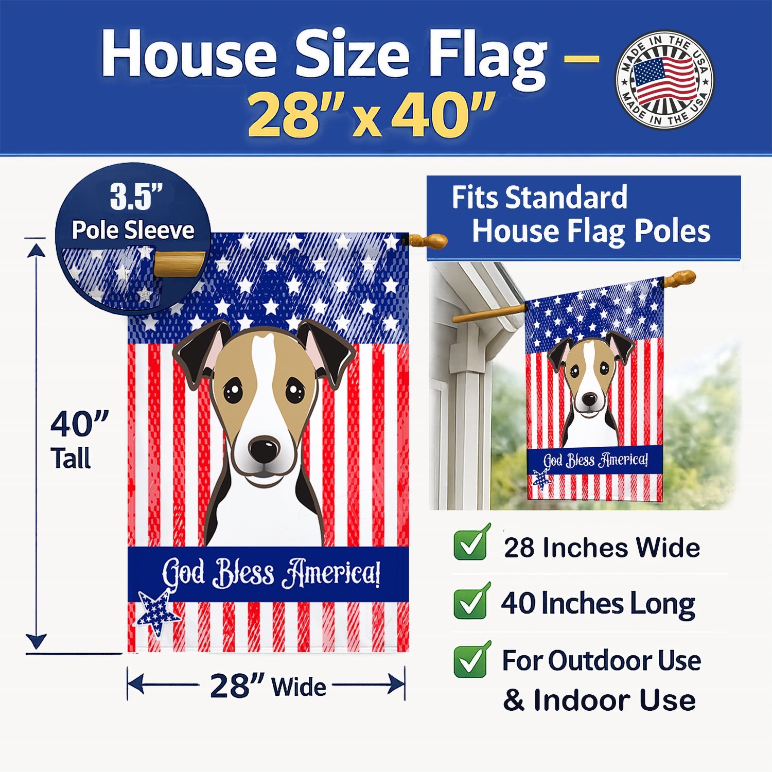 American Flag and Jack Russell Terrier House Flag 28x40 Porch Sleeve Pole Decorative Outside Yard Banner Artwork Wall Hanging, Polyester