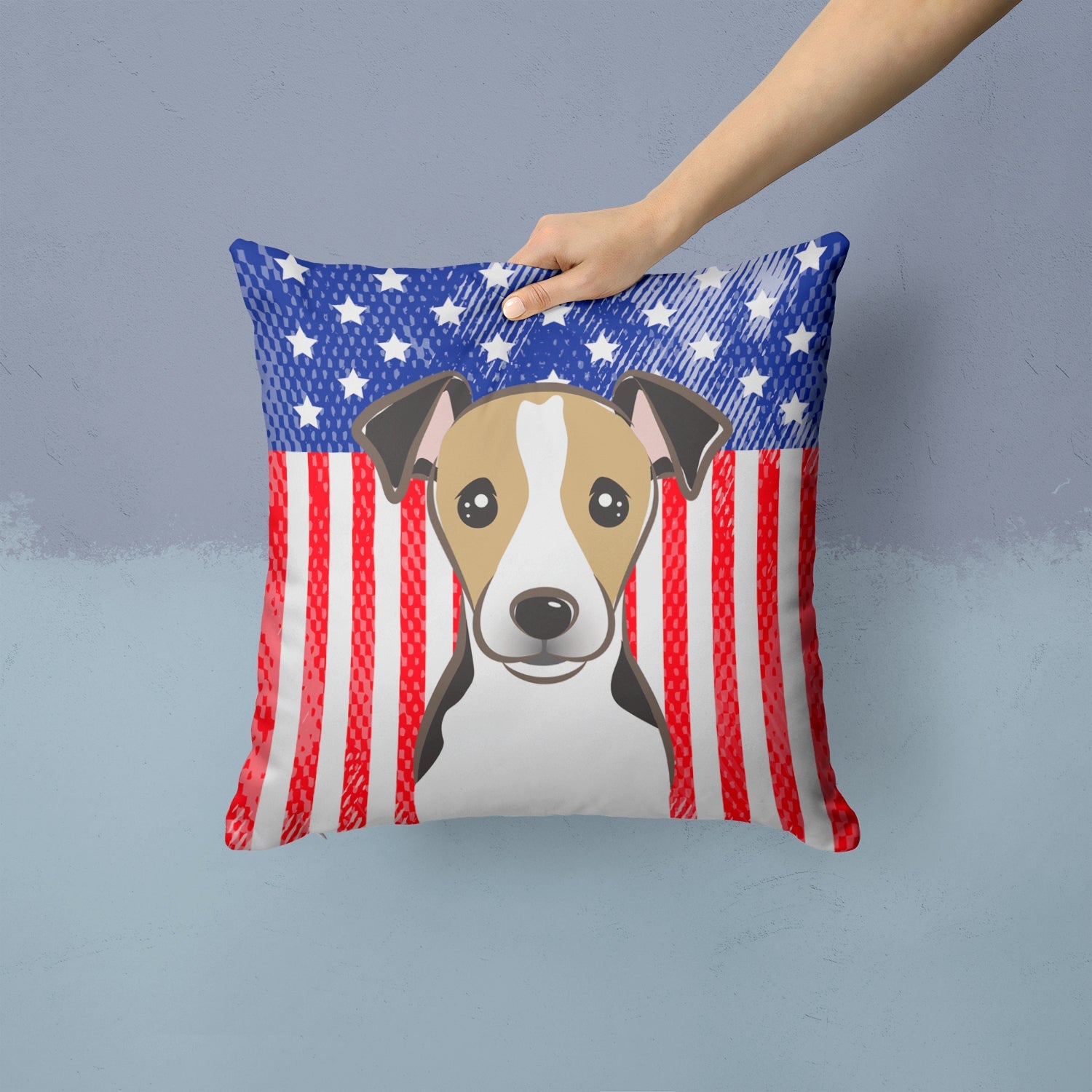 American Flag and Jack Russell Terrier Decorative Throw Pillow 14x14 Indoor Outdoor Accent Cushion, Fabric Cover with Insert for Sofa, Bed, Porch & Living Room