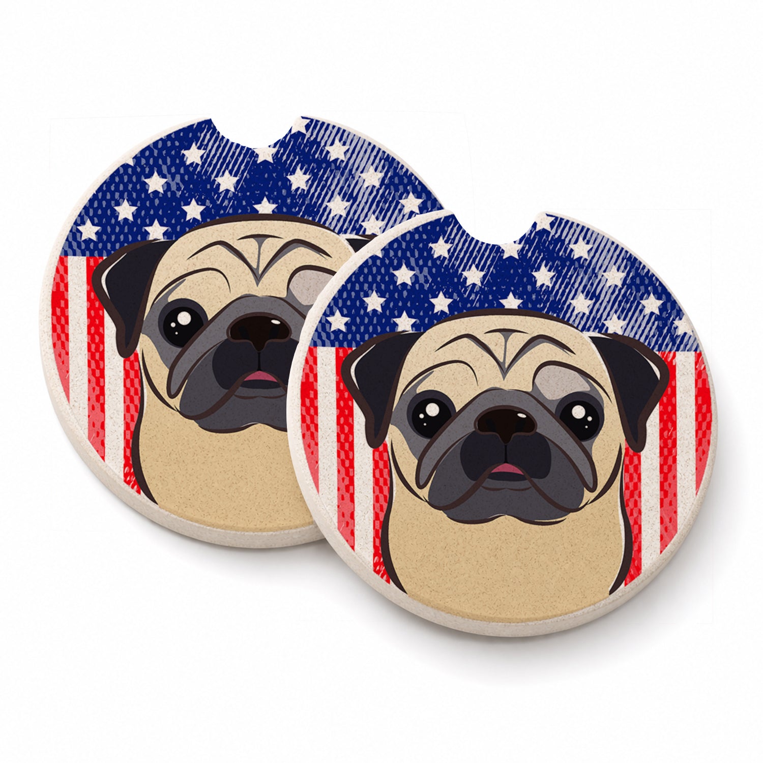 American Flag and Fawn Pug Set of 2 Cup Holder Car Coasters Absorbent Round Sandstone Coasters Gifts for Men or Women, 2.5, Multicolor