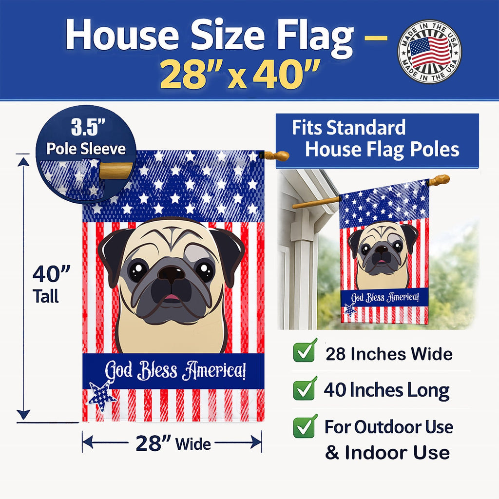 American Flag and Fawn Pug House Flag 28x40 Porch Sleeve Pole Decorative Outside Yard Banner Artwork Wall Hanging, Polyester