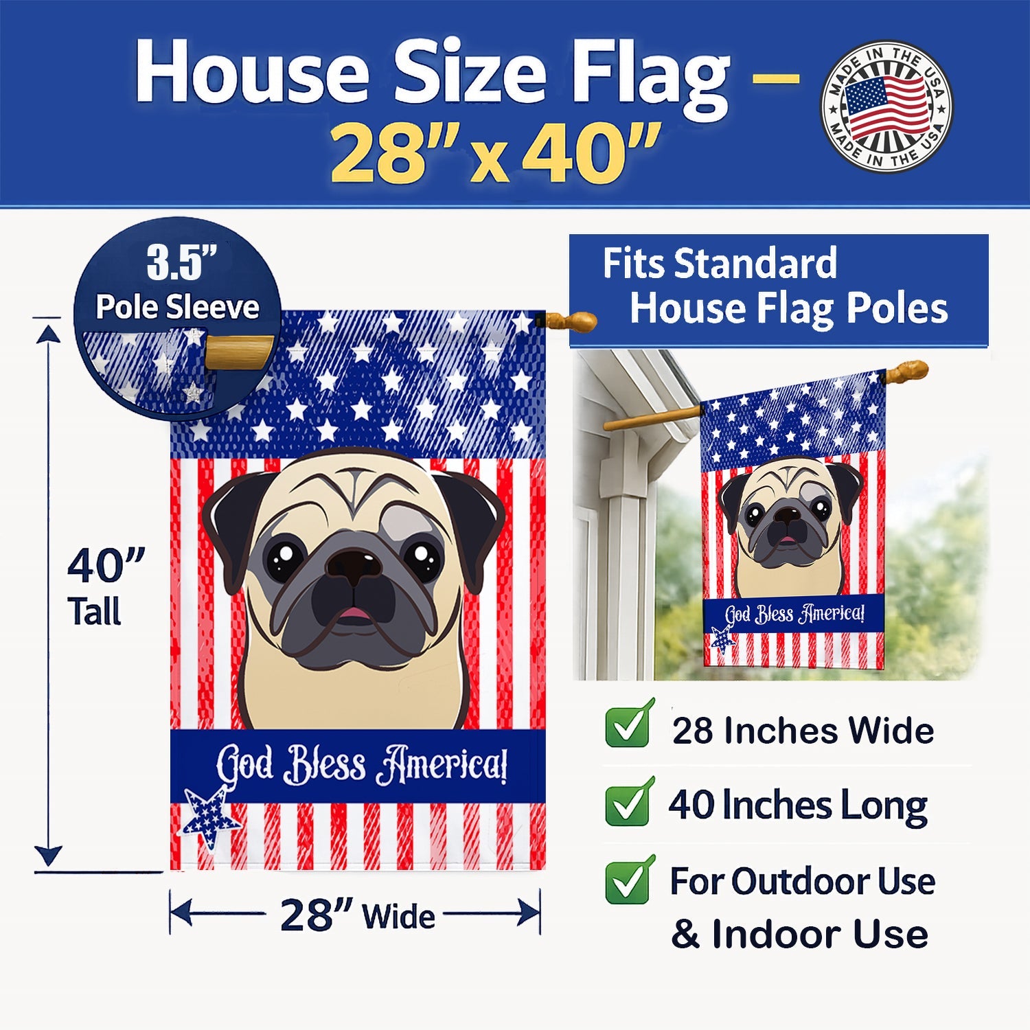 American Flag and Fawn Pug House Flag 28x40 Porch Sleeve Pole Decorative Outside Yard Banner Artwork Wall Hanging, Polyester