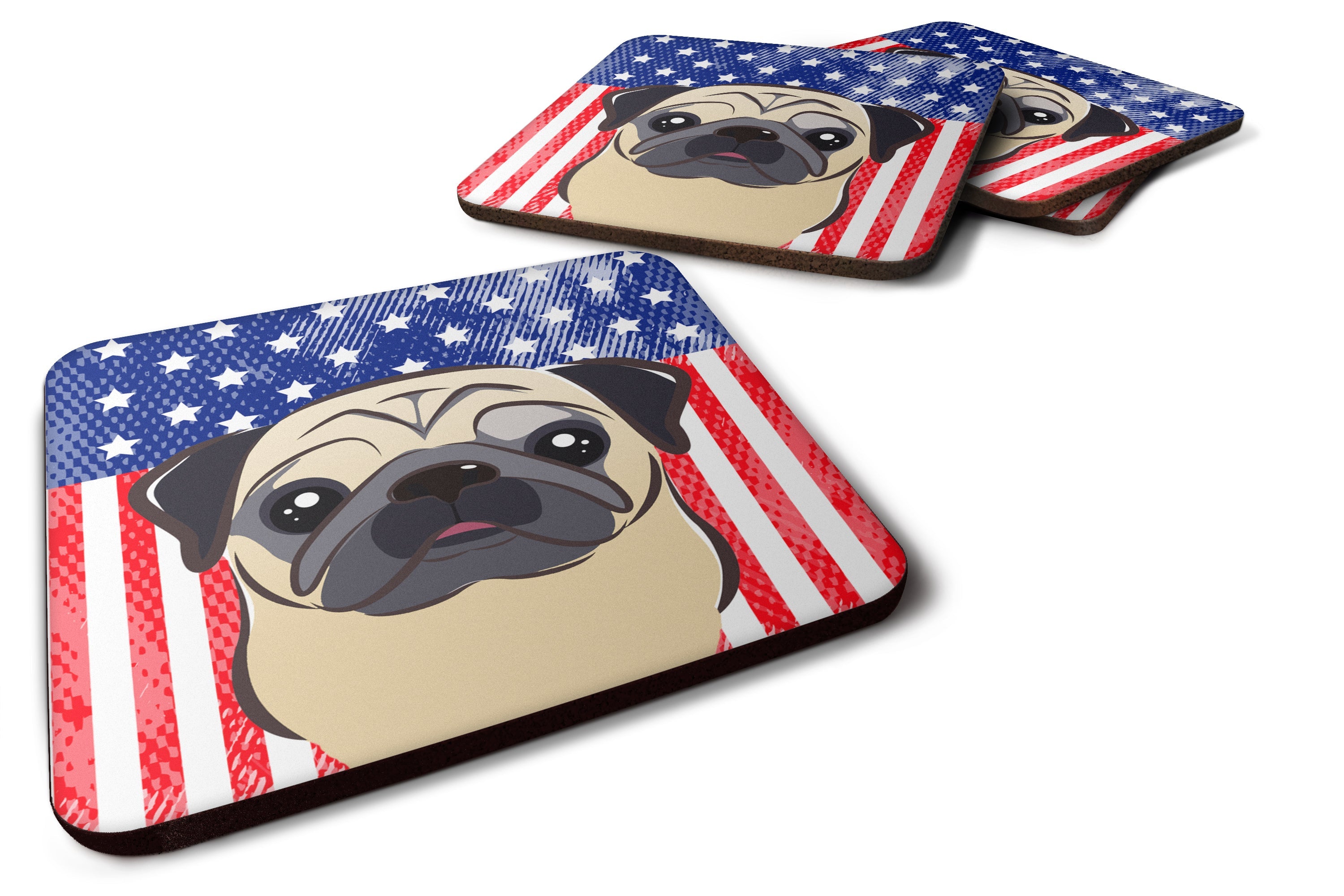 American Flag and Fawn Pug Foam Coasters Set of 4 Cup Coasters for Indoor Outdoor, Tabletop Protection, Anti Slip, Mouse pad Material