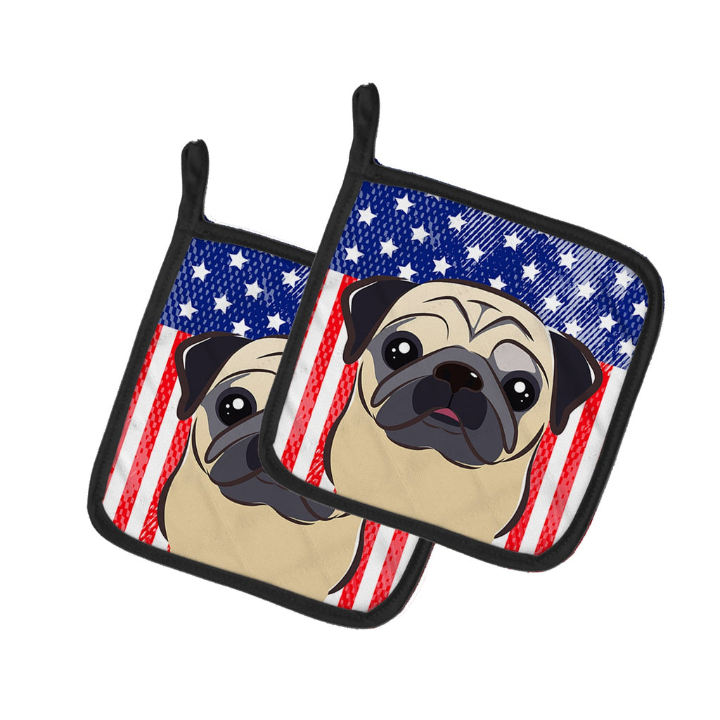 American Flag and Fawn Pug Pot Holder Set of 2 Heat Resistant Quilted Hot Pads 7.5 x 7.5 Inch, Insulated Kitchen Trivets for Cooking & Baking