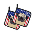 American Flag and Fawn Pug Pot Holder Set of 2 Heat Resistant Quilted Hot Pads 7.5 x 7.5 Inch, Insulated Kitchen Trivets for Cooking & Baking
