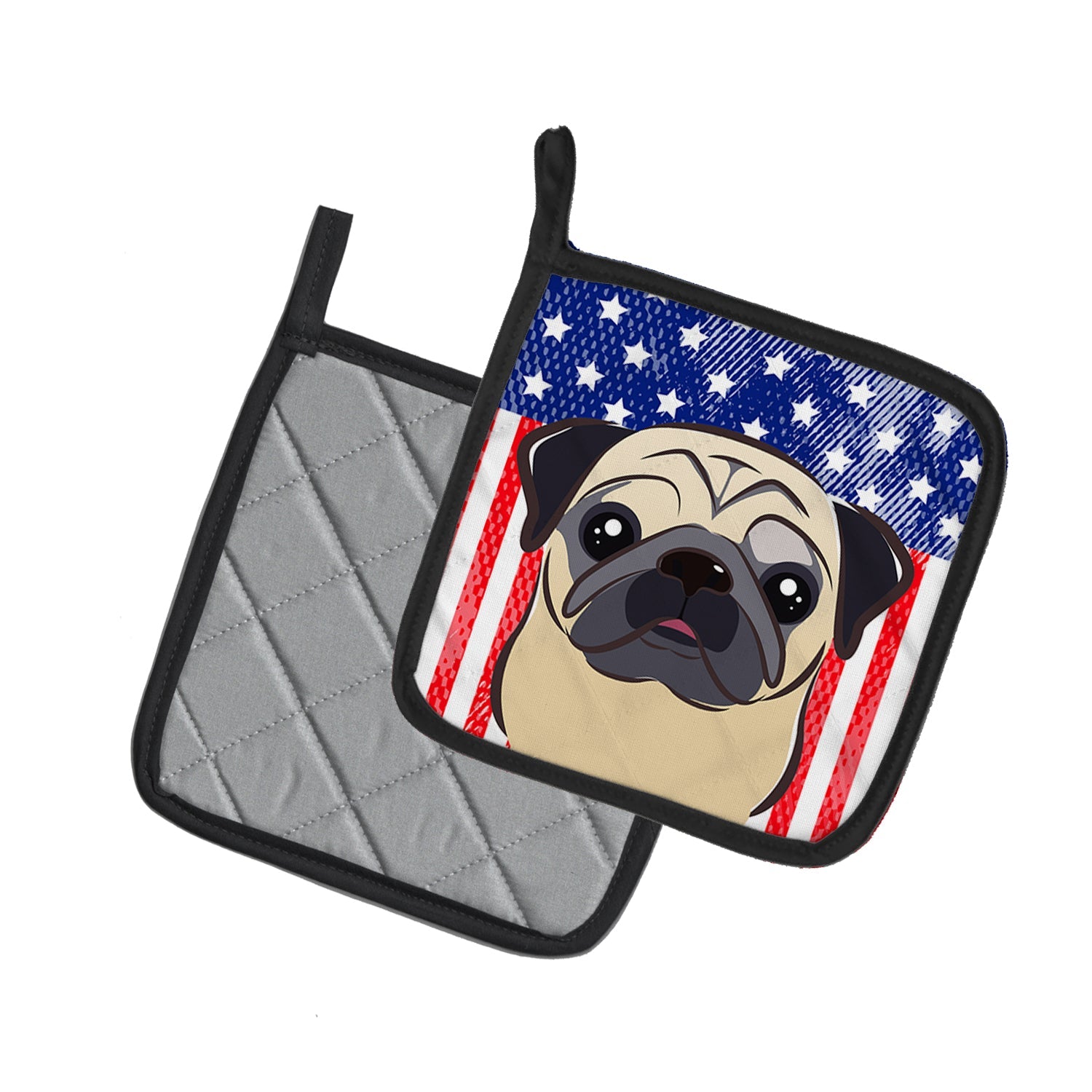 American Flag and Fawn Pug Pot Holder Set of 2 Heat Resistant Quilted Hot Pads 7.5 x 7.5 Inch, Insulated Kitchen Trivets for Cooking & Baking
