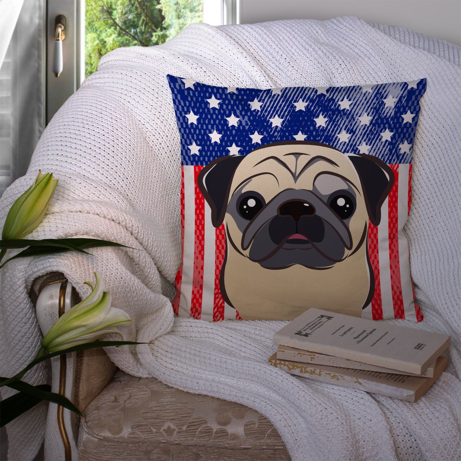 American Flag and Fawn Pug Decorative Throw Pillow 14x14 Indoor Outdoor Accent Cushion, Fabric Cover with Insert for Sofa, Bed, Porch & Living Room
