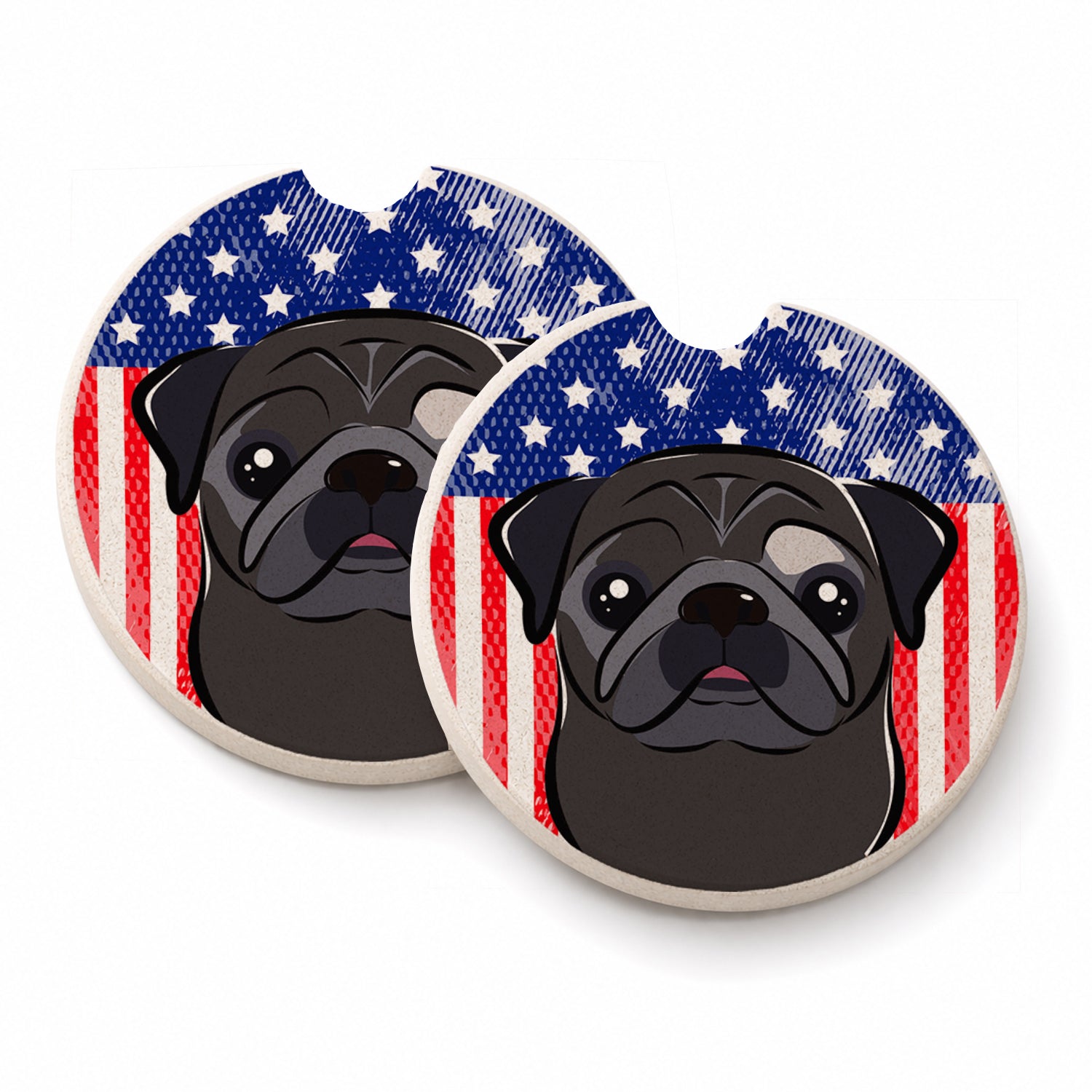 American Flag and Black Pug Set of 2 Cup Holder Car Coasters Absorbent Round Sandstone Coasters Gifts for Men or Women, 2.5, Multicolor