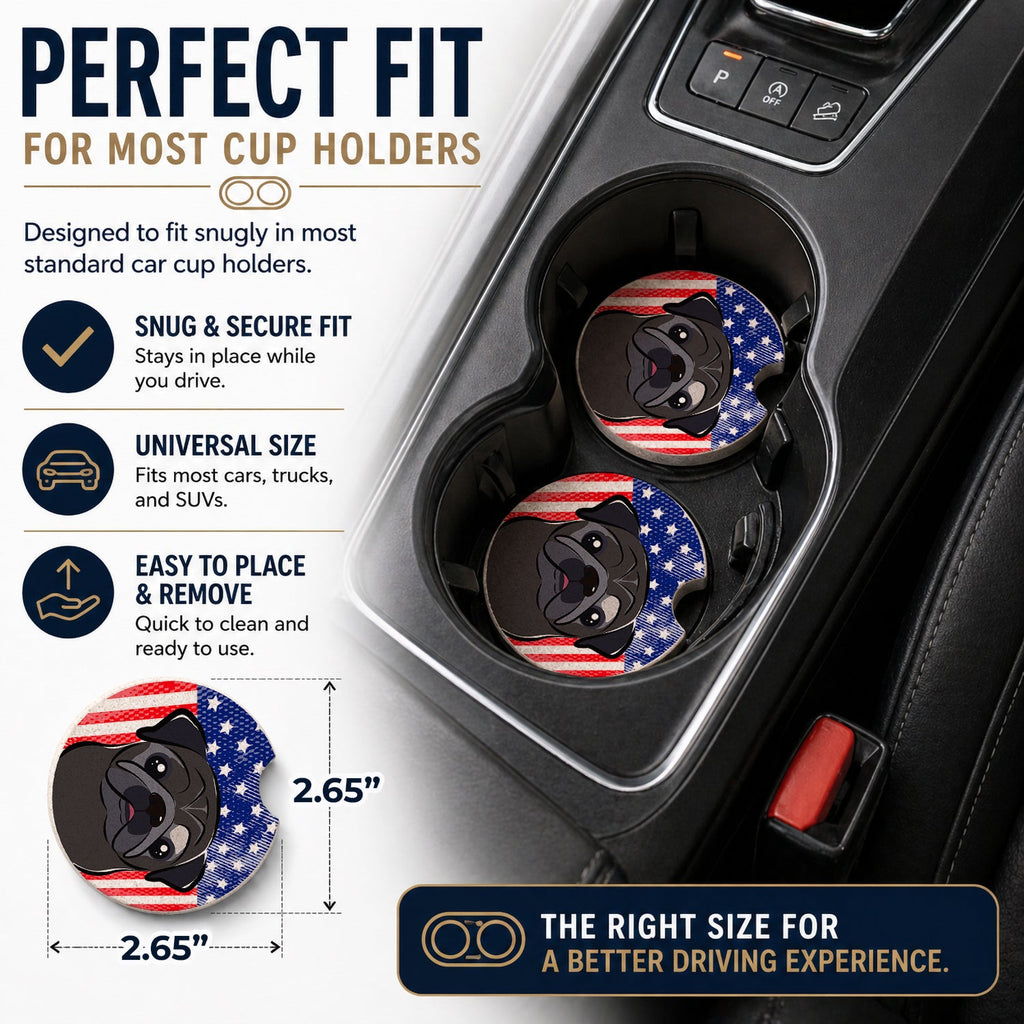 American Flag and Black Pug Set of 2 Cup Holder Car Coasters Absorbent Round Sandstone Coasters Gifts for Men or Women, 2.5, Multicolor
