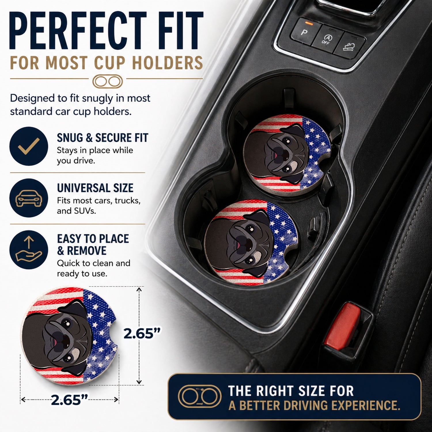American Flag and Black Pug Set of 2 Cup Holder Car Coasters Absorbent Round Sandstone Coasters Gifts for Men or Women, 2.5, Multicolor