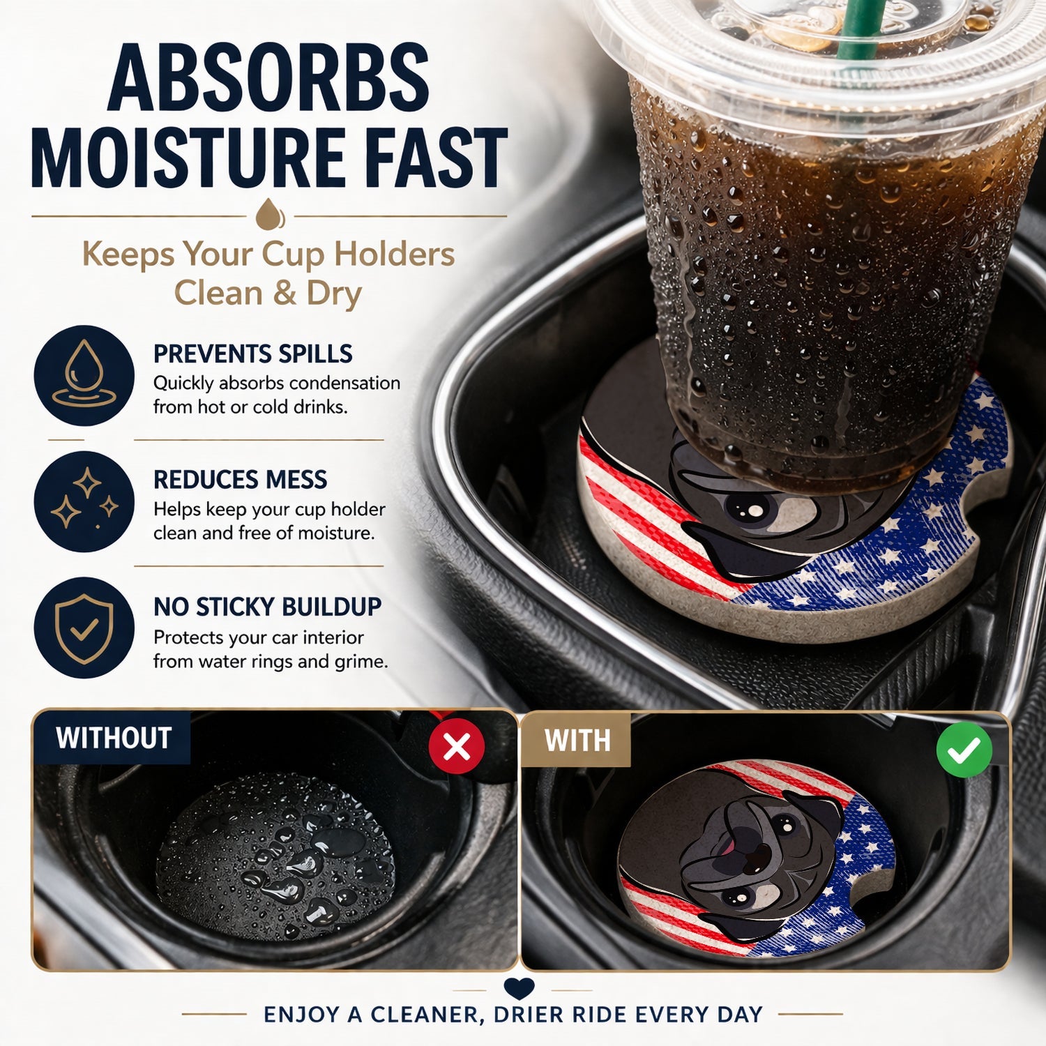 American Flag and Black Pug Set of 2 Cup Holder Car Coasters Absorbent Round Sandstone Coasters Gifts for Men or Women, 2.5, Multicolor