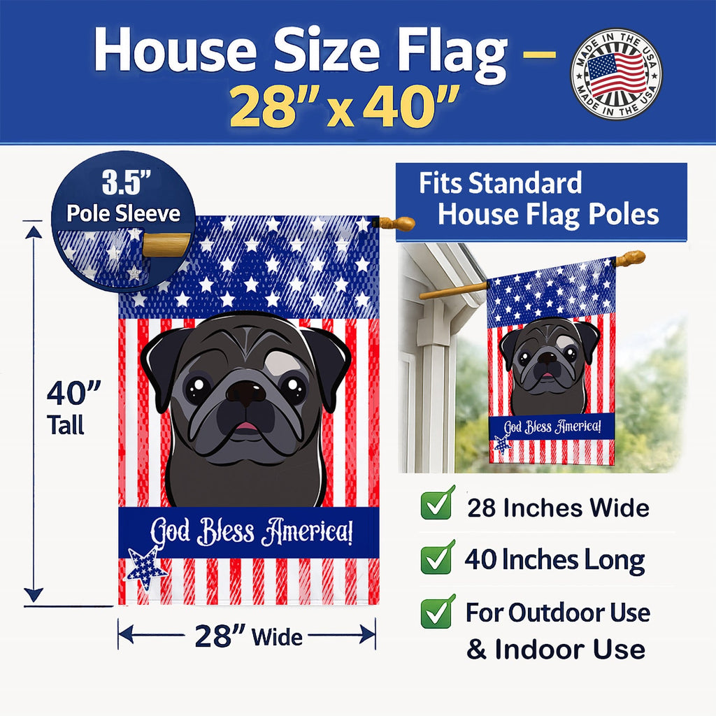 American Flag and Black Pug House Flag 28x40 Porch Sleeve Pole Decorative Outside Yard Banner Artwork Wall Hanging, Polyester
