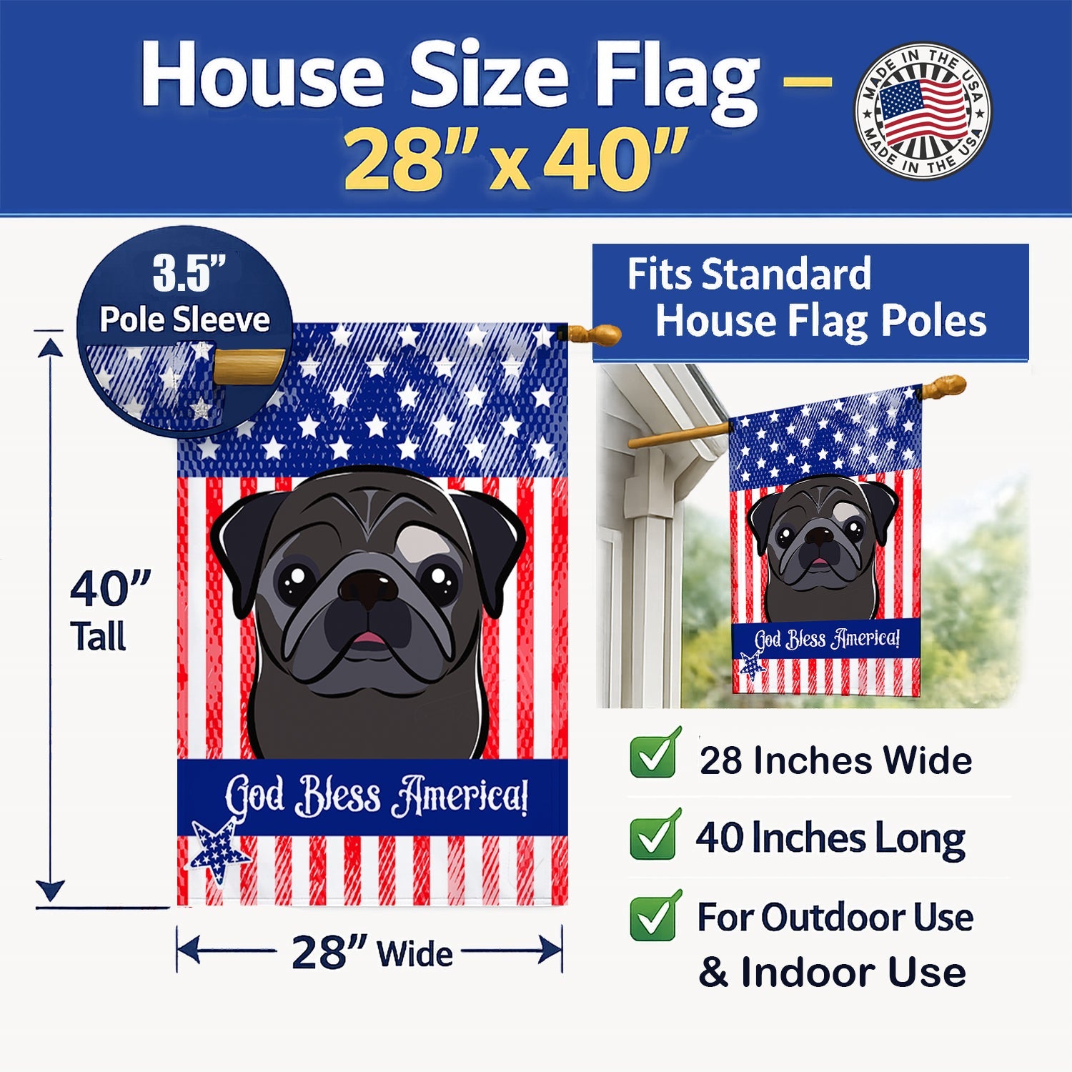 American Flag and Black Pug House Flag 28x40 Porch Sleeve Pole Decorative Outside Yard Banner Artwork Wall Hanging, Polyester