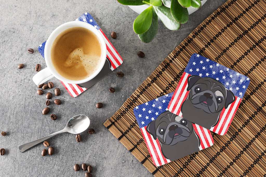 American Flag and Black Pug Foam Coasters Set of 4 Cup Coasters for Indoor Outdoor, Tabletop Protection, Anti Slip, Mouse pad Material