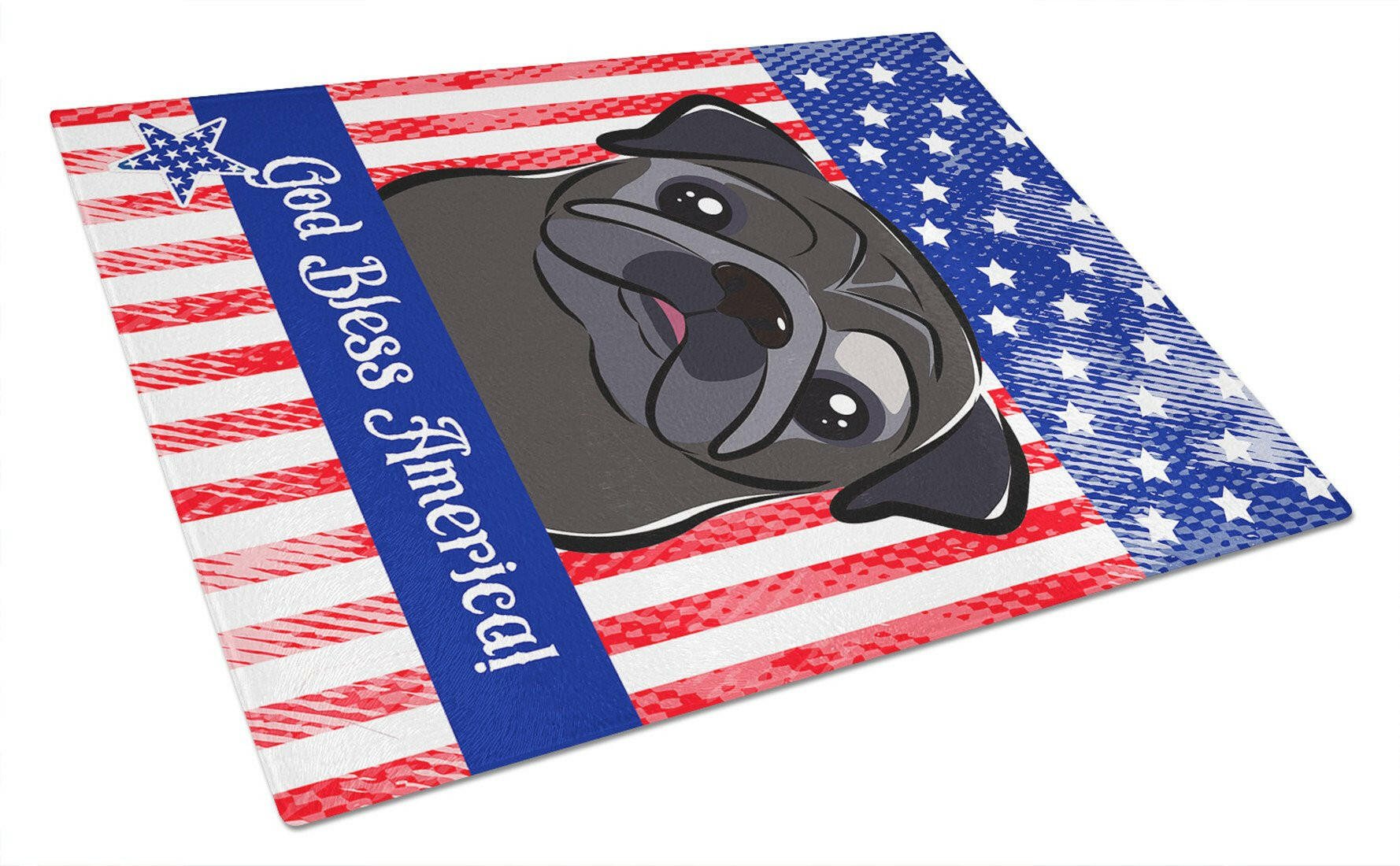 American Flag and Black Pug Cutting Board Tempered Glass Kitchen Cutting Surface, Heat Resistant Chopping, Non-Slip Feet, Food Prep & Serving