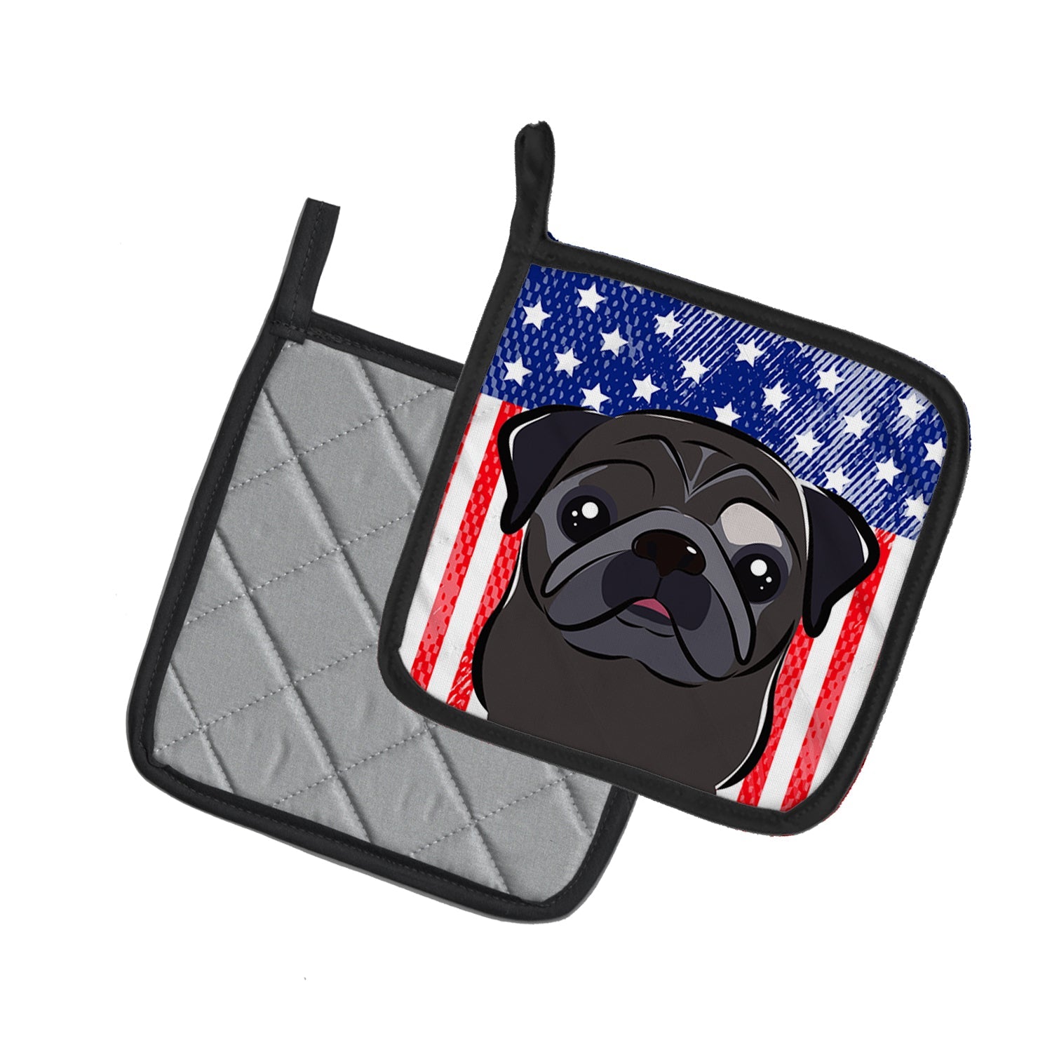 American Flag and Black Pug Pot Holder Set of 2 Heat Resistant Quilted Hot Pads 7.5 x 7.5 Inch, Insulated Kitchen Trivets for Cooking & Baking