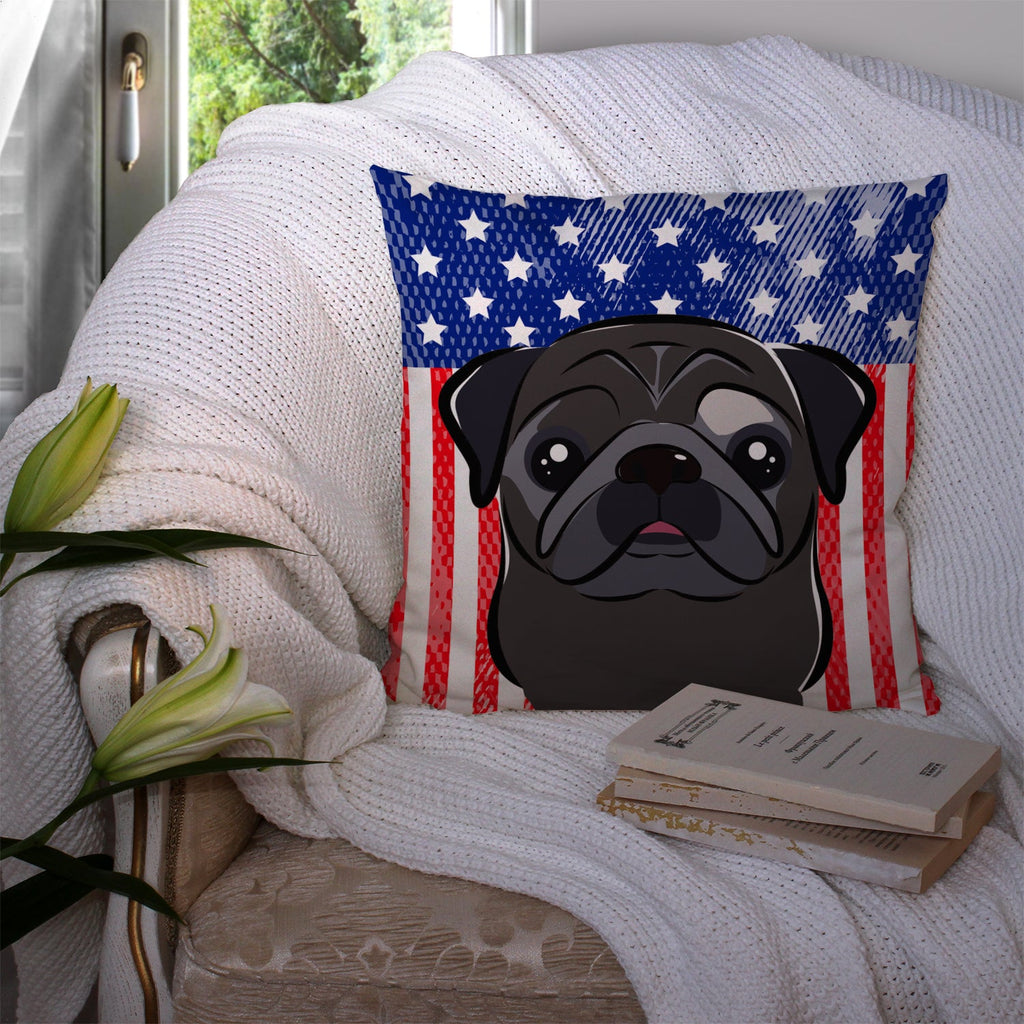 American Flag and Black Pug Decorative Throw Pillow 14x14 Indoor Outdoor Accent Cushion, Fabric Cover with Insert for Sofa, Bed, Porch & Living Room