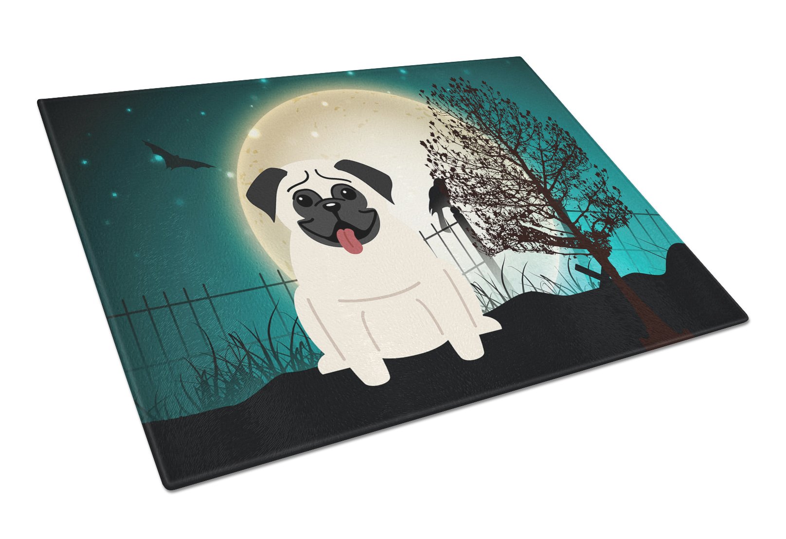 Halloween Scary Pug Cream Cutting Board Tempered Glass Kitchen Cutting Surface, Heat Resistant Chopping, Non-Slip Feet, Food Prep & Serving