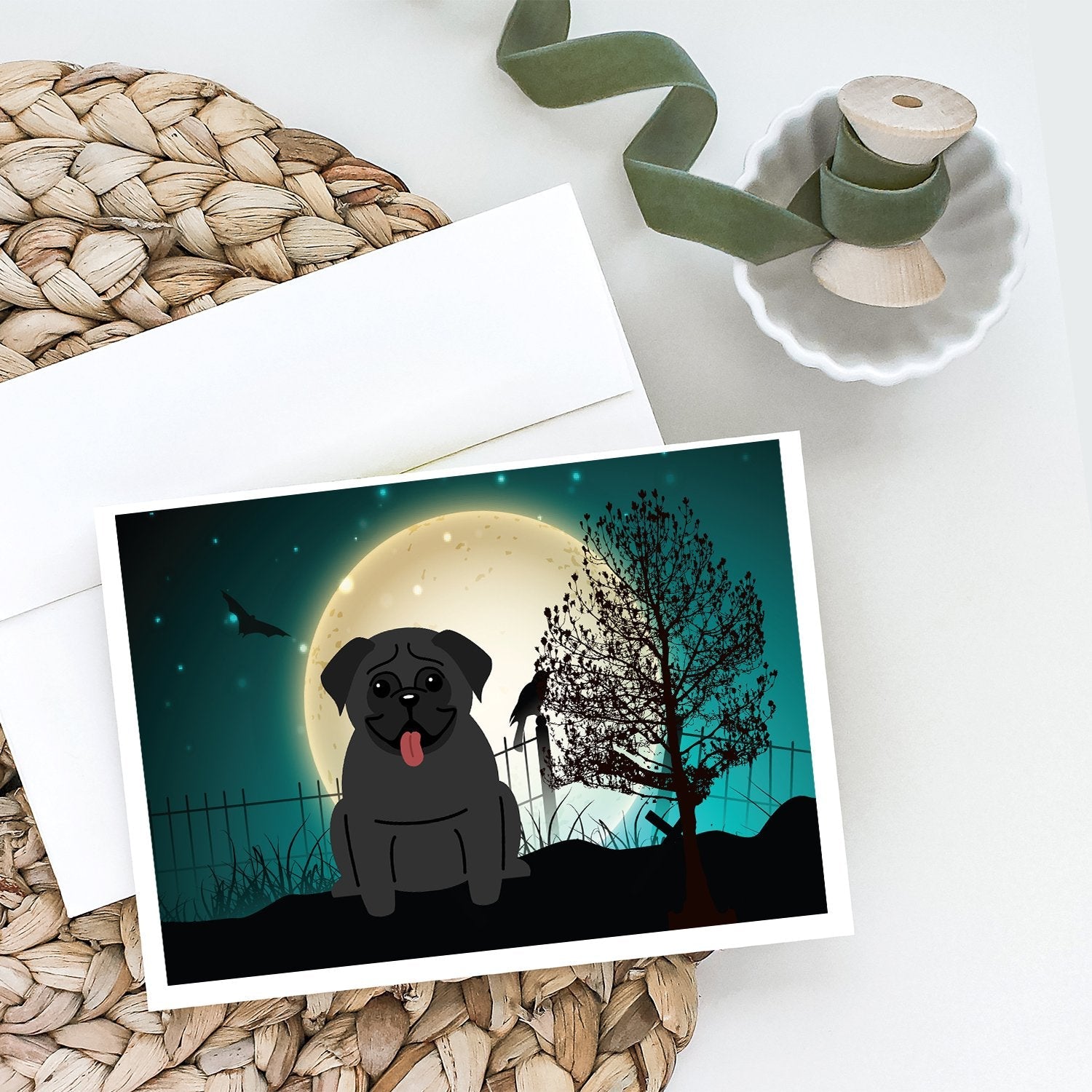 Halloween Scary Pug Black Greeting Cards Pack of 8 Blank Cards with Envelopes Whimsical A7 Size 5x7